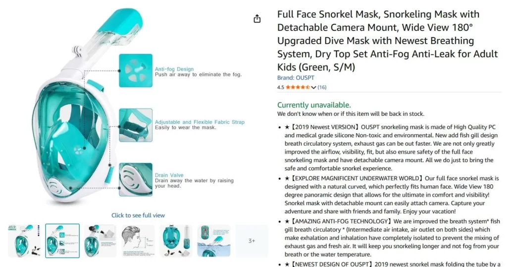 OUSPT snorkel mask product description