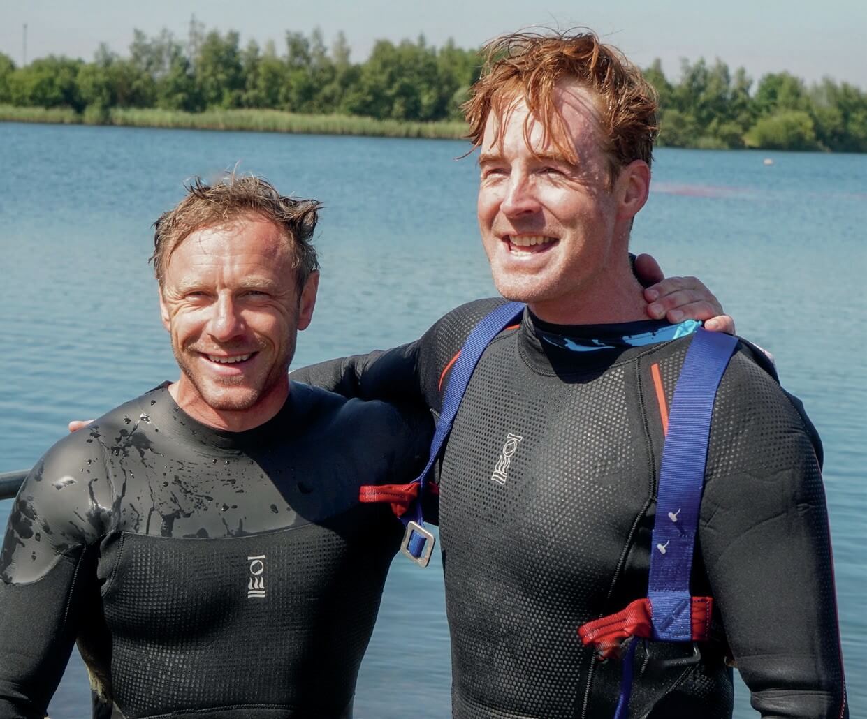 Andy Torbet and Ally Milne in wetsuits after completing the Scoob and Snork Fest stunt.