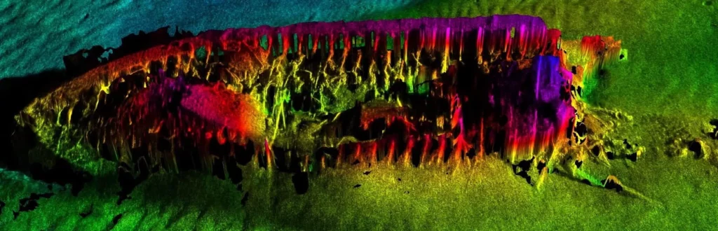 Bathymetric view of USS MONITOR, showing the entire wreck site captured by Northrop Grumman using μSAS™.