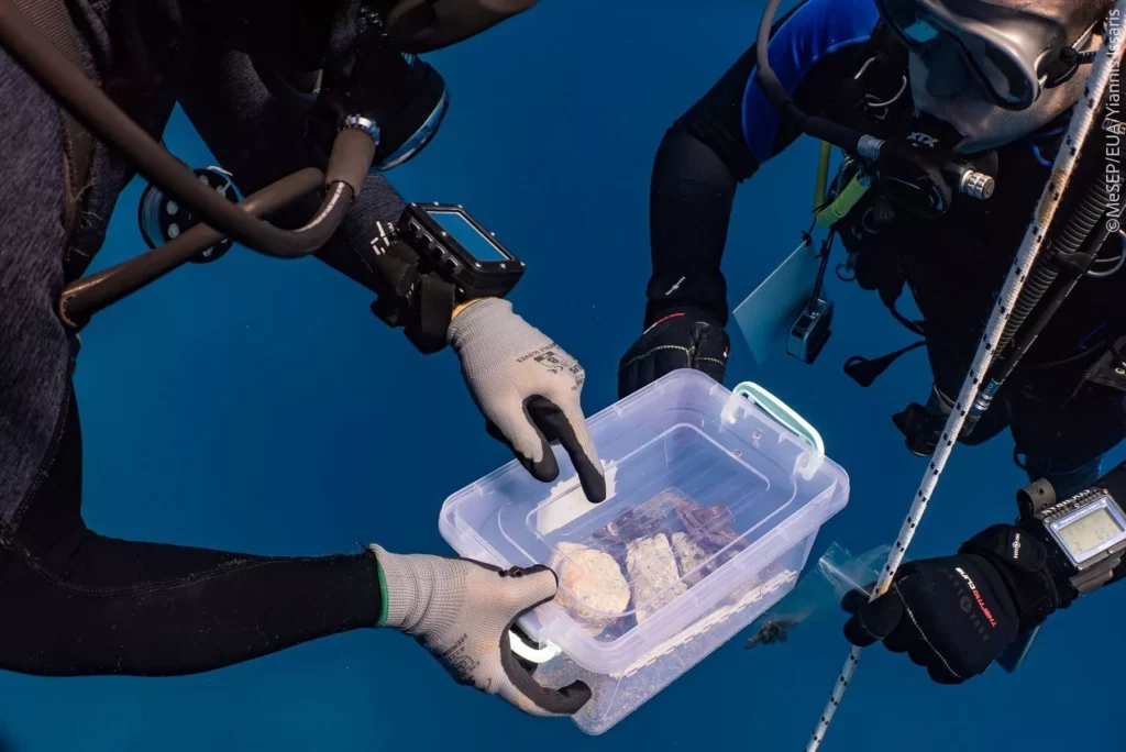 Divers’ shipwreck discovery links Lord Elgin to marbles 7 Divers with a box of fragments (Ministry of Culture)
