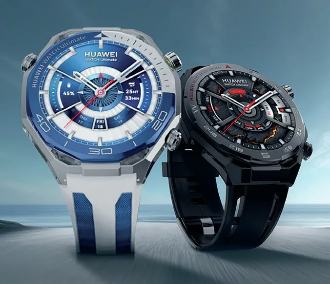 Latest Scuba Diving Gear: Huawei Watch Ultimate 2, Shearwater Mods & Cold Water Essentials 2 The Huawei Watch Ultimate 2 in blue and white, featuring a 1.5-inch LTPO display and 150m depth rating.
