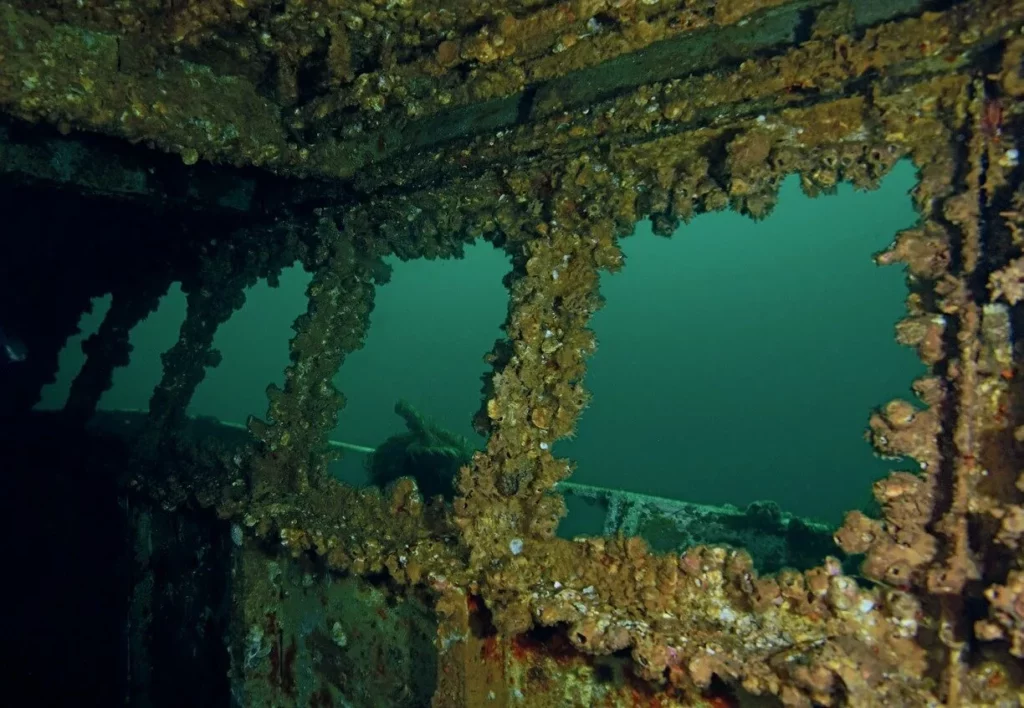 The bridge and corridors of the Manta wreck at 111 feet depth off the coast of Destin.