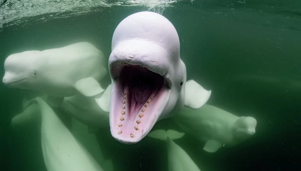 Multiple male beluga whales swimming together and displaying playful behavior near a boat in Hudson Bay.