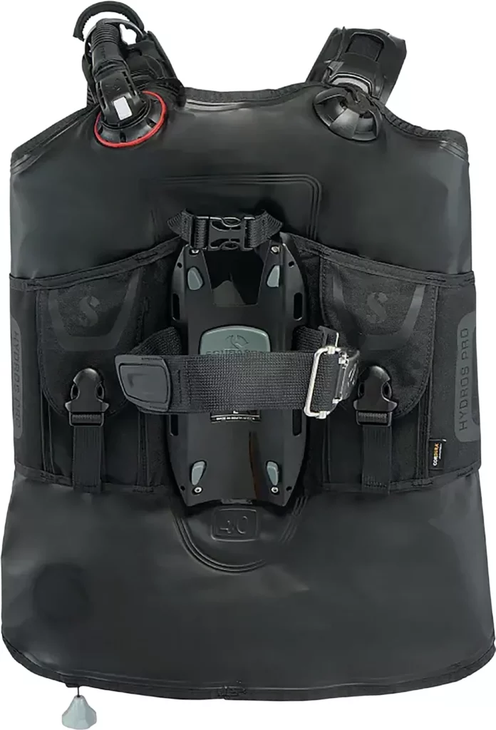 Rear view of the Scubapro Hydros Pro 2 BCD tightly packed up for travel.