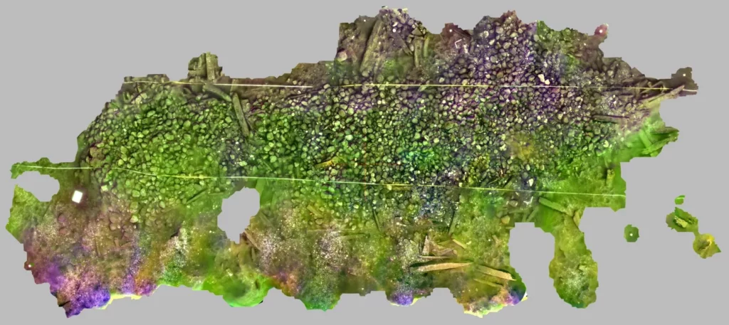 Preliminary 3D model made from some 8,000 photos of the Dannebroge with its exposed ballast stones. The  timbers are visible under the ballast (Viking Ship Museum in Roskilde)