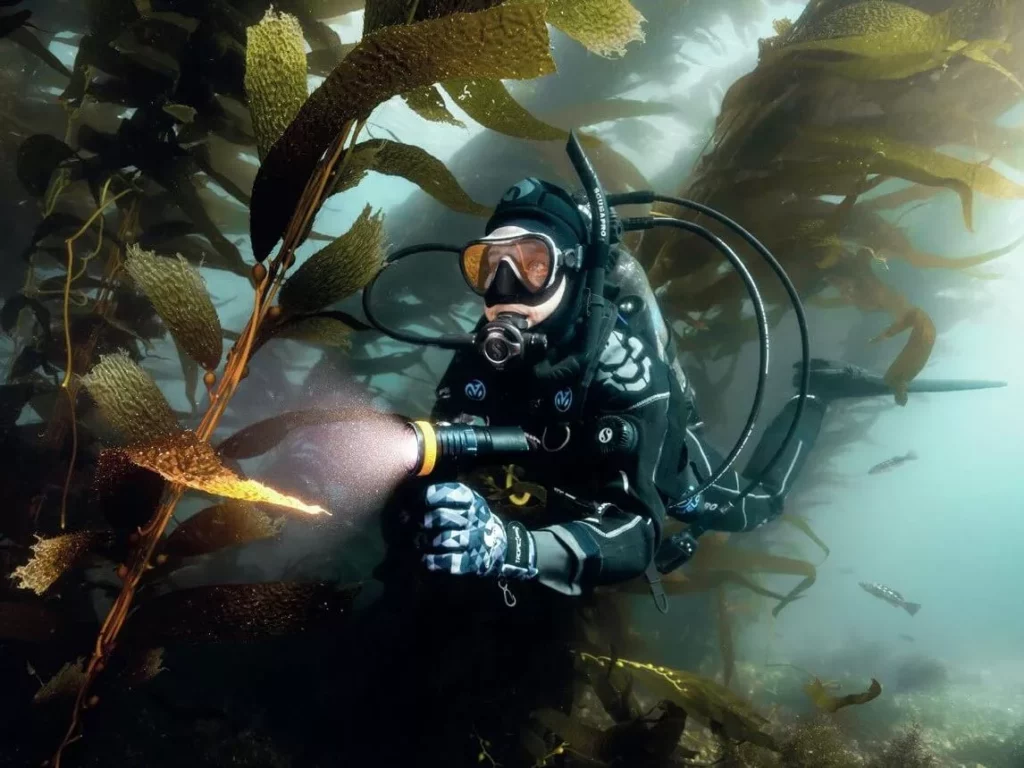 Q&A with Jennifer Idol: Diving Every 50 States 6 A diver swimming through a dense, sunlit giant kelp forest in the Pacific Ocean.