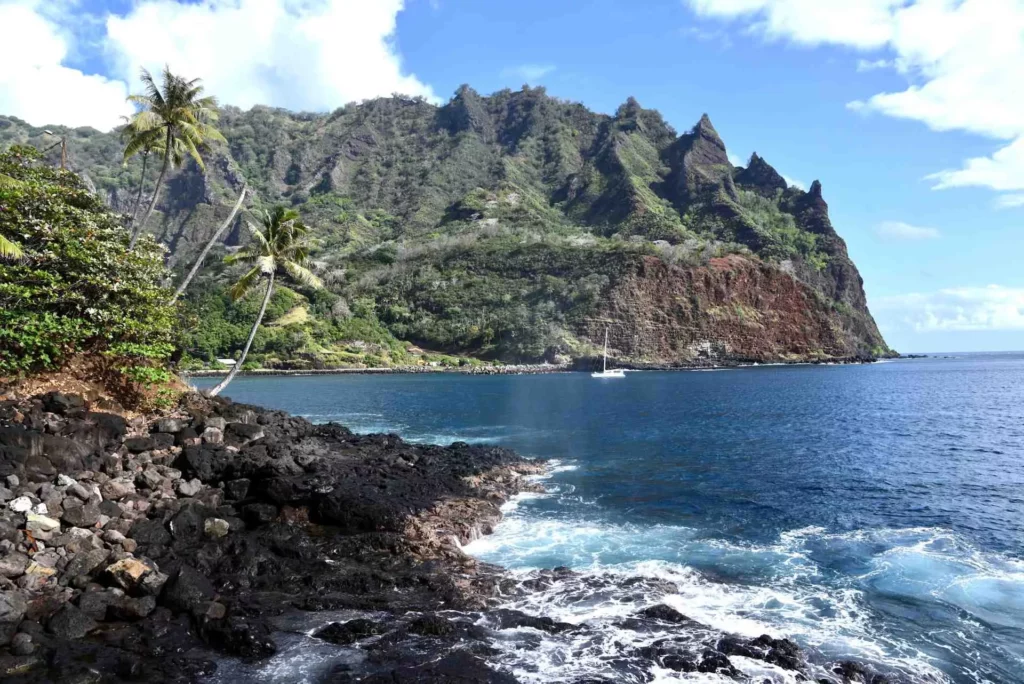Catamaran in the cove of Omoa, Fatu Hiva