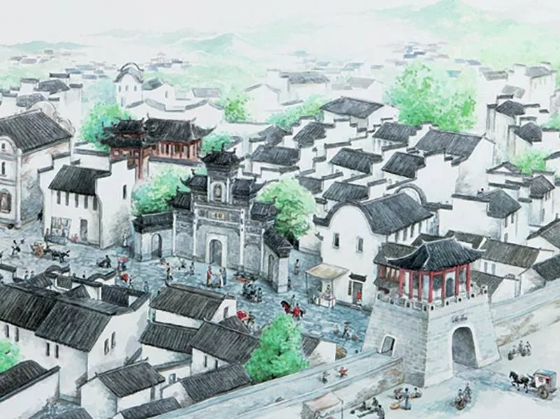 An archival artistic rendering of the ancient Lion City (Shi Cheng) before it was flooded in 1959.