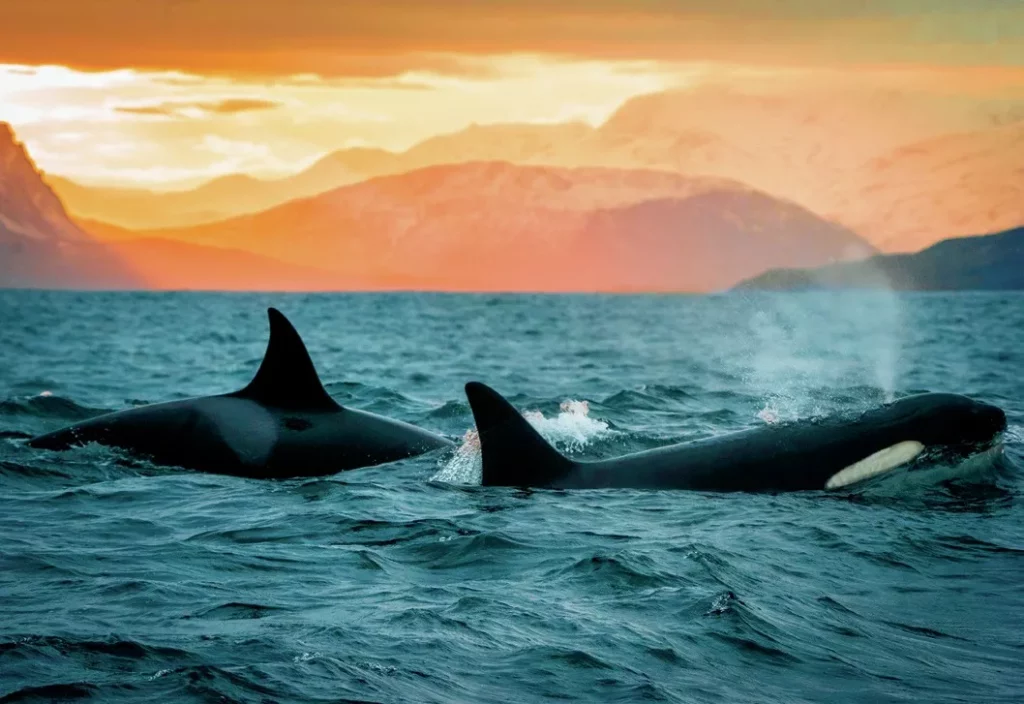 A dramatic shot of an orca breaching the ocean surface, captured by wildlife filmmaker Lizzie Daly during a marine expedition.