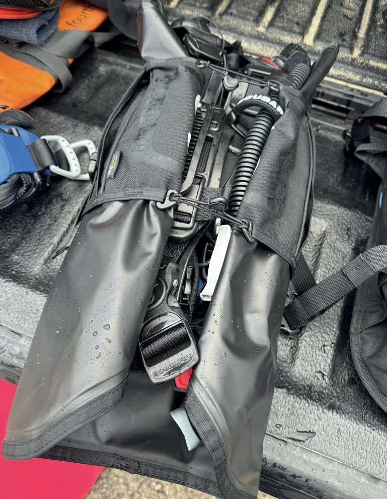 The Scubapro Hydros Pro 2 BCD completely folded down using the Smart-Pack design.