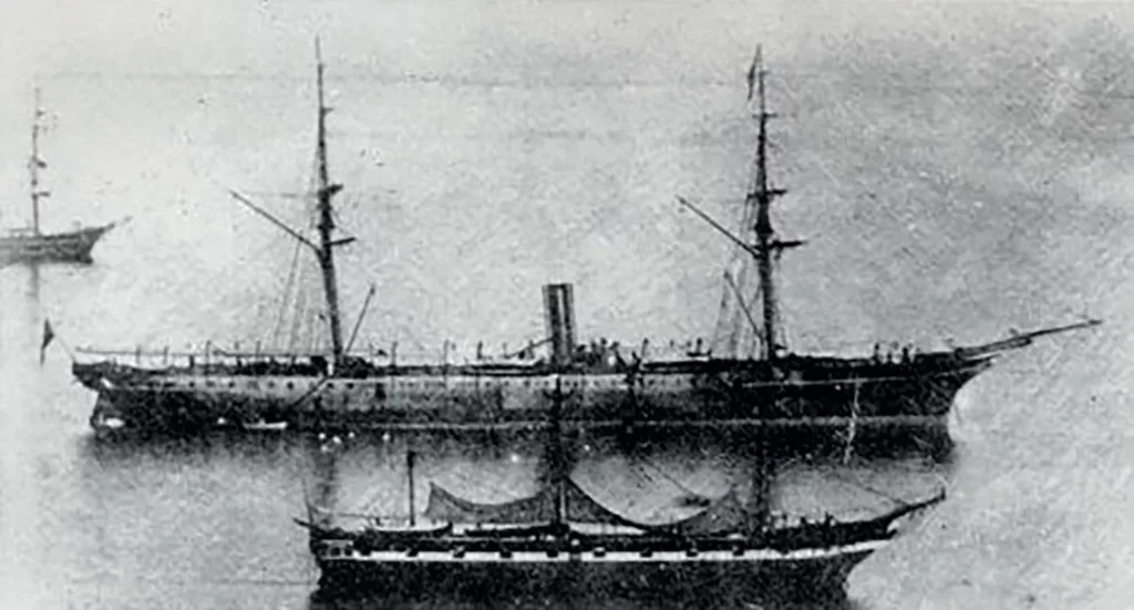A historical illustration and photograph of the RMS Rhone, a Royal Mail Steam Packet Company ship, before it sank in 1867.