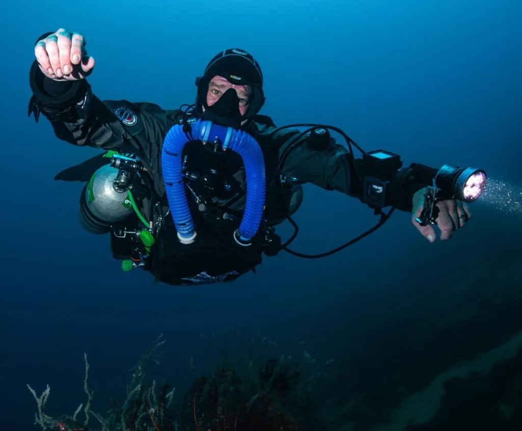 Trust your CCR Instructor 9 Technical diving expert Antoine Martin underwater, demonstrating the expertise required to trust your CCR instructor.