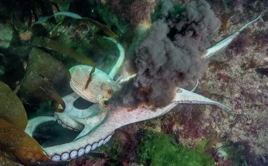 Cornwall Octopus Bloom: Inside the 8-armed Invasion 1 An underwater view of a wild octopus deploying a dark ink cloud defense mechanism.8) Octopus with arms spread widecommon-octopus-displaying-suckersA large common octopus displaying its eight arms and double rows of suckers on the seabed.9) Eight-armed Invasion headereight-armed-invasion-cornwall-headerMagazine editorial banner graphic titled Eight-armed Invasion showcasing the UK octopus population surge.