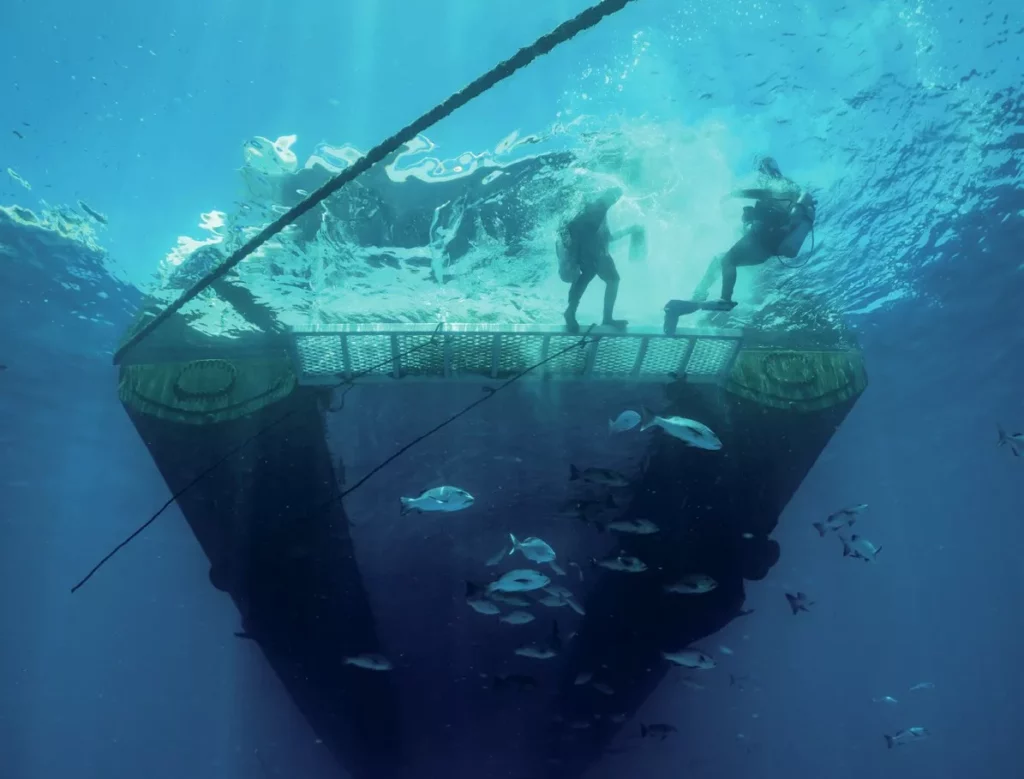 Looking up from underwater at the silhouette of scuba divers on the stern of a dive boat against the bright water surface of the Great Barrier Reef.