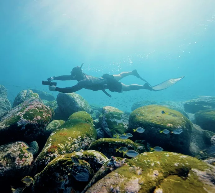 What's New: Edge K5 Sea Scooter, Fourth Element Hydro-T & New Dive Gear 3 diver testing the Edge Smart K5 sea scooter for underwater propulsion during a Gear Test Extra.