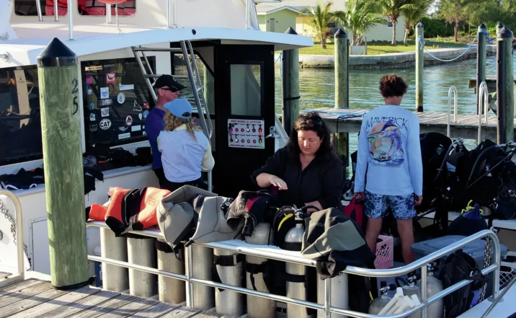 The Epic Diving crew preparing the boat at West End, Grand Bahama, for a trip to Tiger Beach.