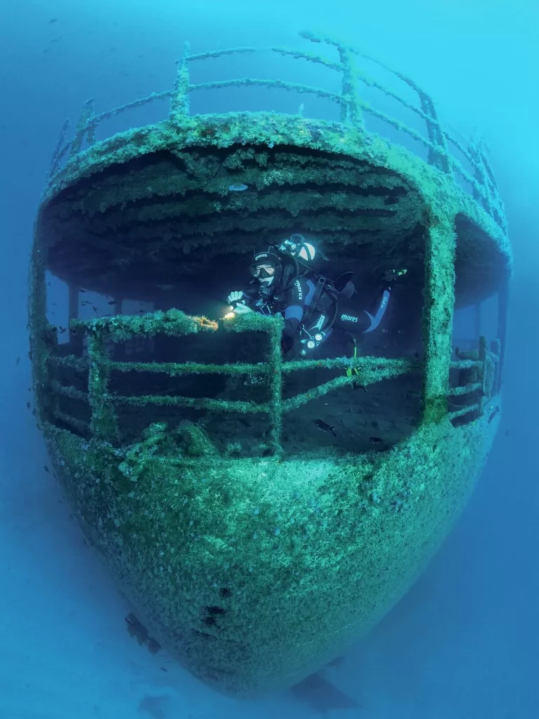 The stern section of the Madeirense cargo ship wreck at 24m depth off Porto Santo.