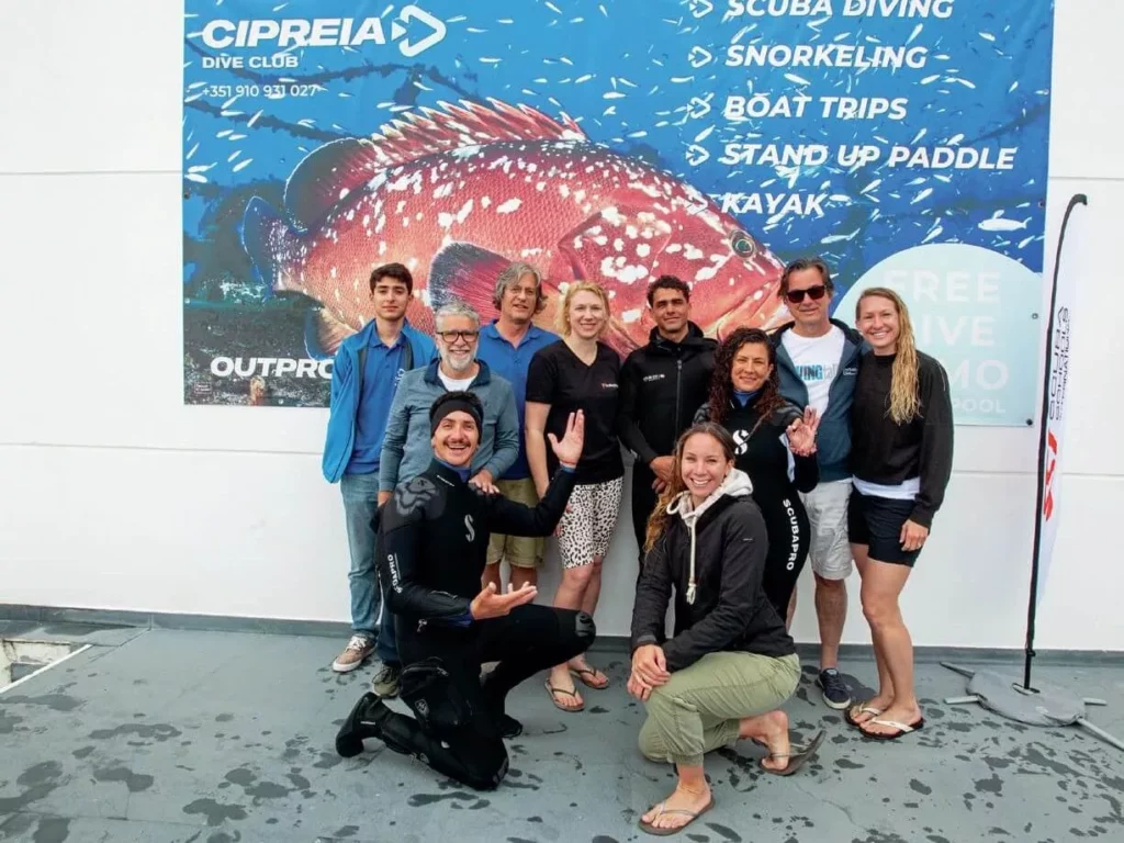 The industry professional group and dive guides after a successful day of scuba diving Madeira.