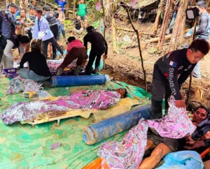 Three of the five rescued villagers