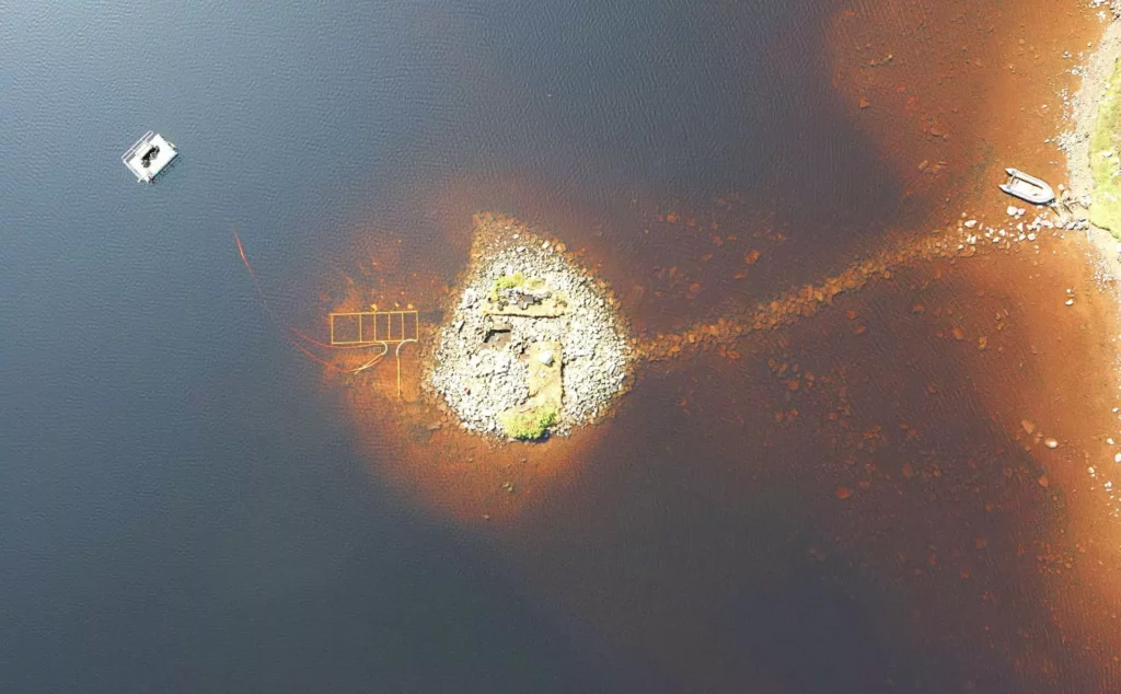 Aerial view of the island and causeway (University of Southampton)