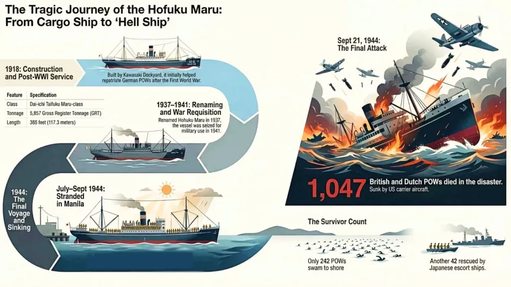 Journey of the Hofuku Maru hellship (created with the use of AI (© Hellships Memorial Foundation)