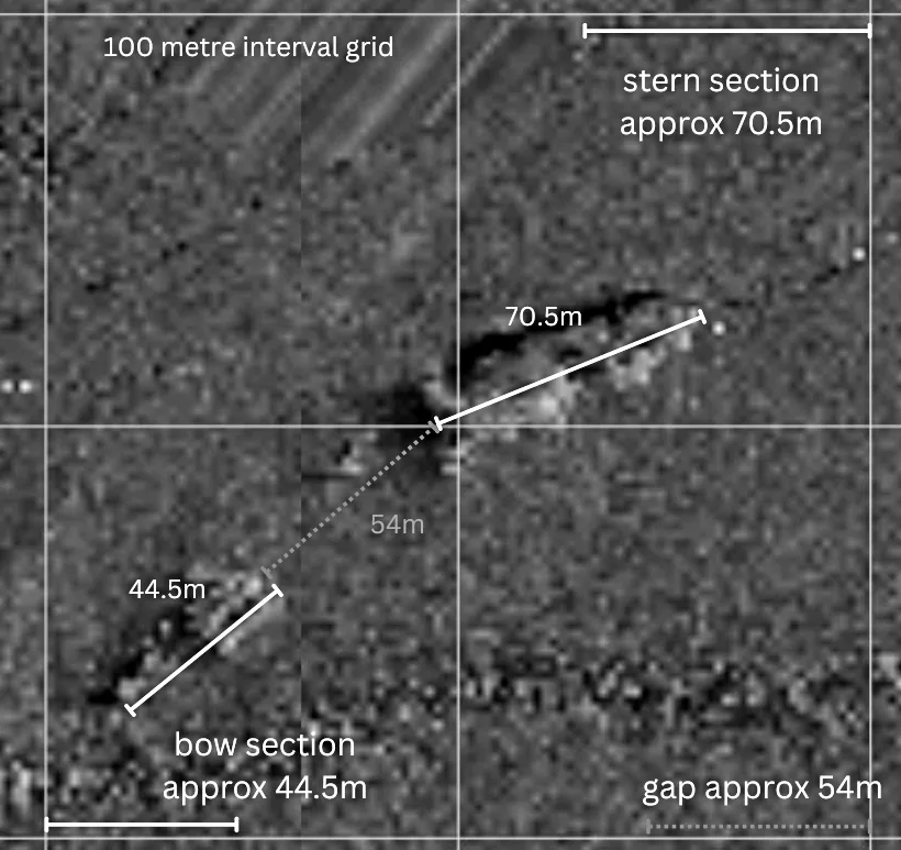 Sidescan sonar scan showing the entire wreck (© Hellships Memorial Foundation)