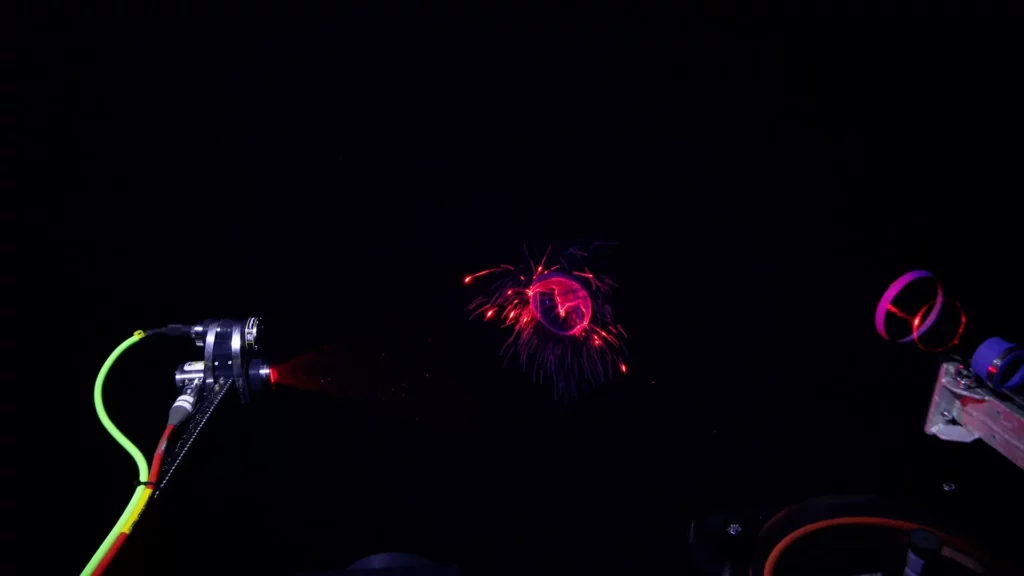 Scientists using the DeepPIV to study delicate animals such as this jellyfish, using lasers to illuminate visual slices through the transparent animal to create a 3D model (ROV SuBastian / Schmidt Ocean Institute)