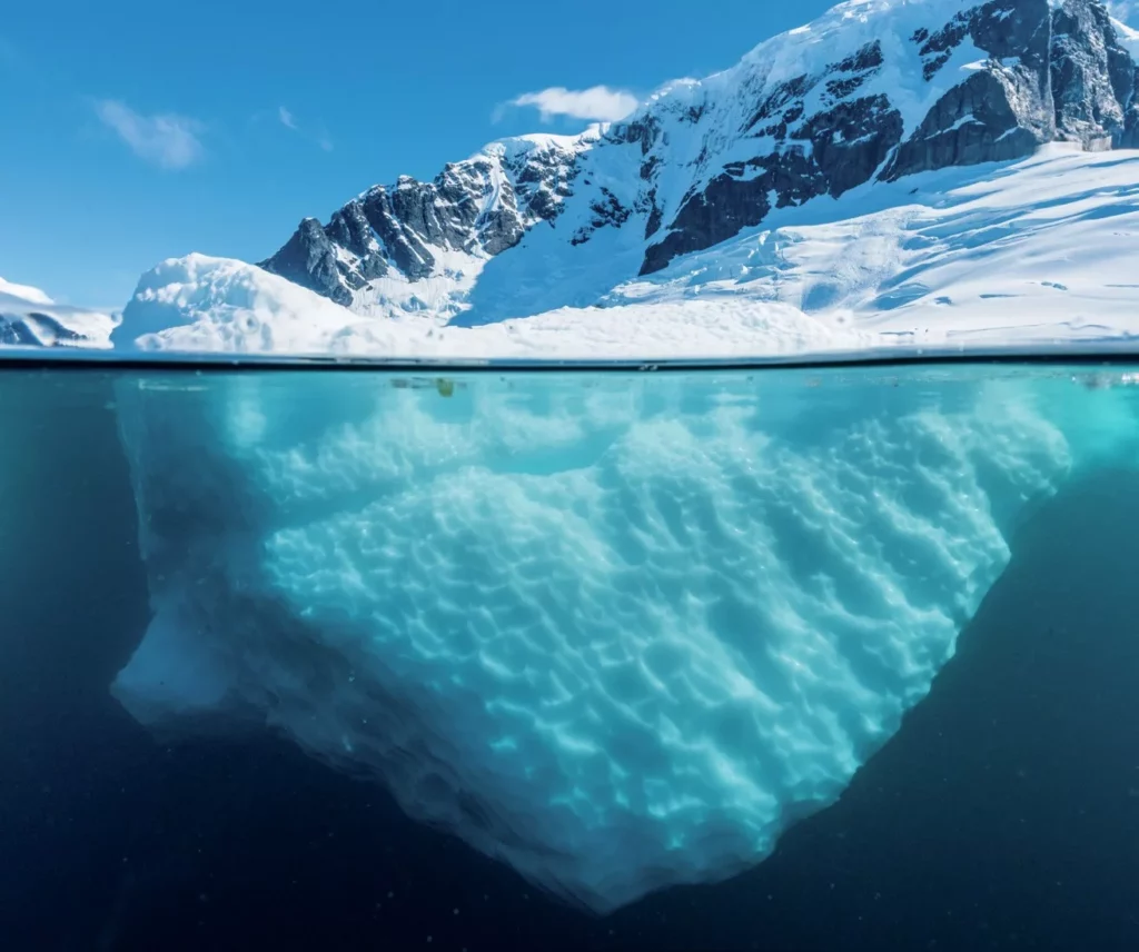 An over-under split shot showcasing a glacier on the surface and glowing blue ice underwater.