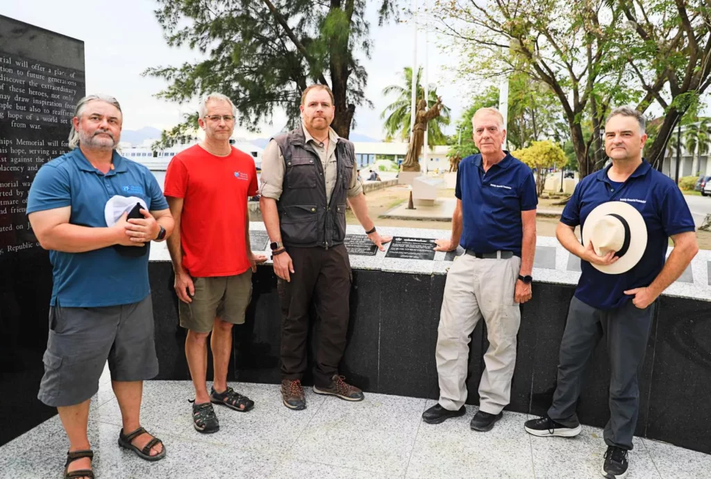 Team-members Randy Anderson, Tim Beckensall, Josh Gates, Evan Kovacs and Calvin Mires at the Hellships Memorial in Subic Bay (© Discovery Channel)